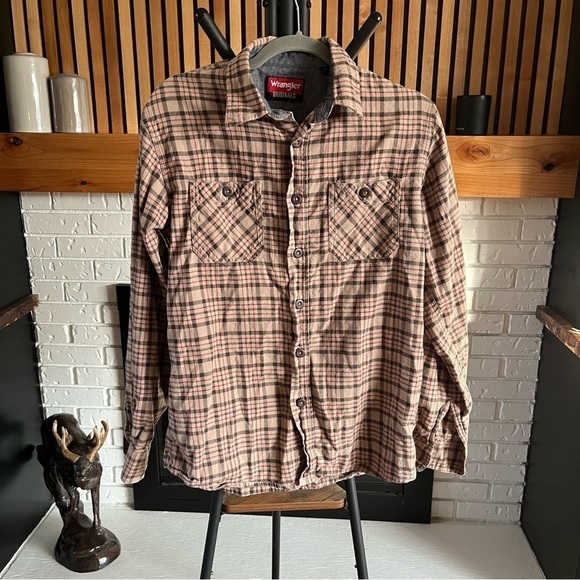 Vintage Wrangler Originals Shirt - Men’s Medium, Tan Brown & Red Plaid - Picture 1 of 4